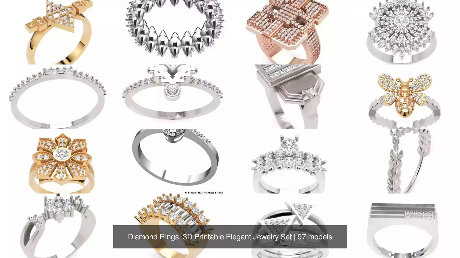 Diamond Rings 3D Printable Elegant Jewelry Set 3D Model Collection_272