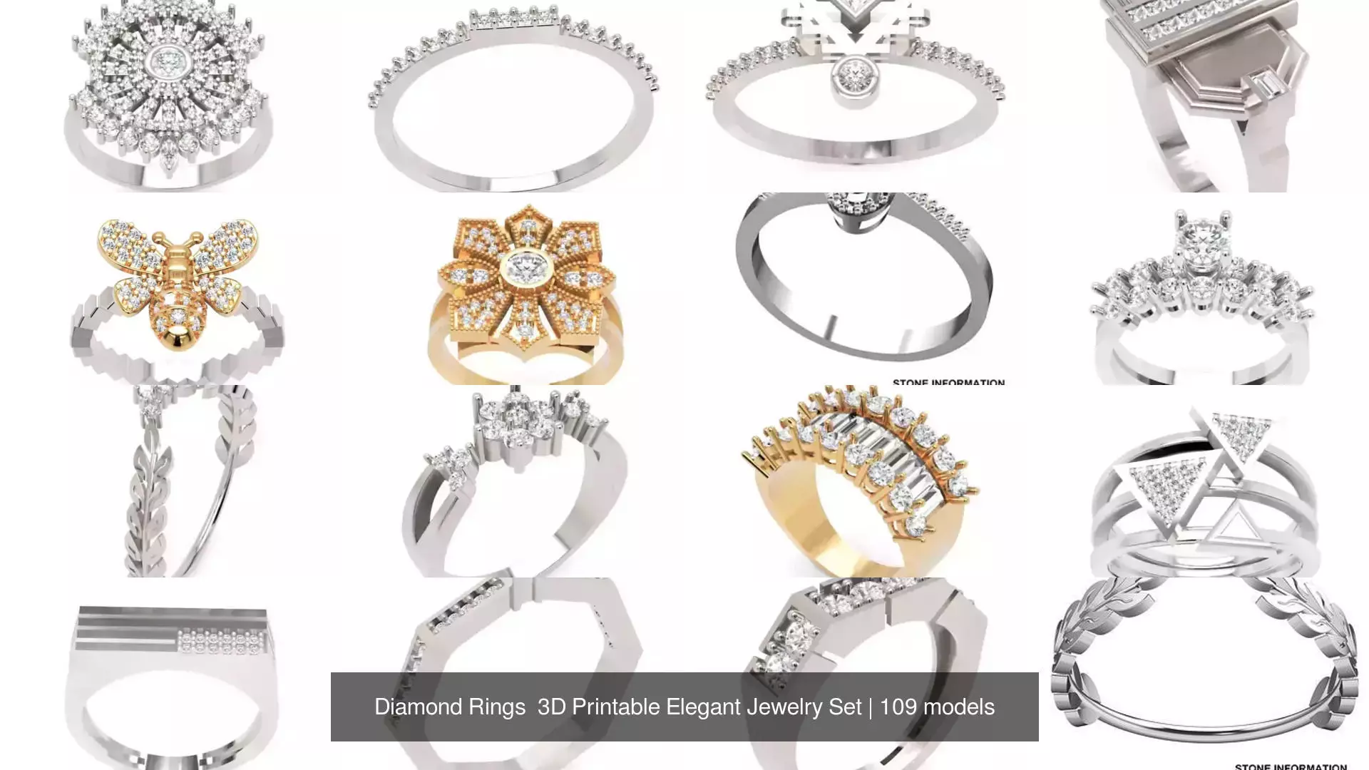 Diamond Rings 3D Printable Elegant Jewelry Set 3D Model Collection_309