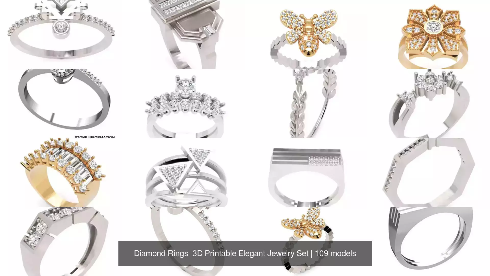 Diamond Rings 3D Printable Elegant Jewelry Set 3D Model Collection_311