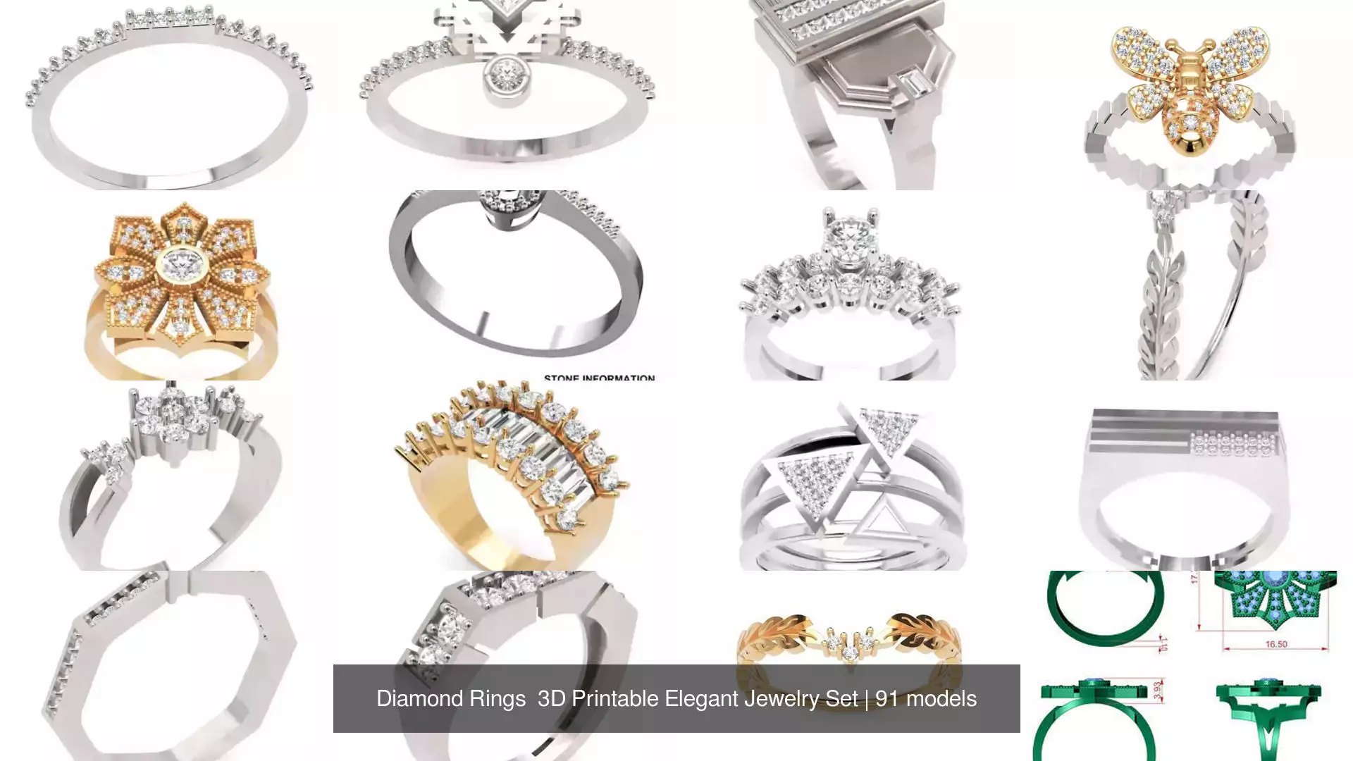 Diamond Rings 3D Printable Elegant Jewelry Set 3D Model Collection_277