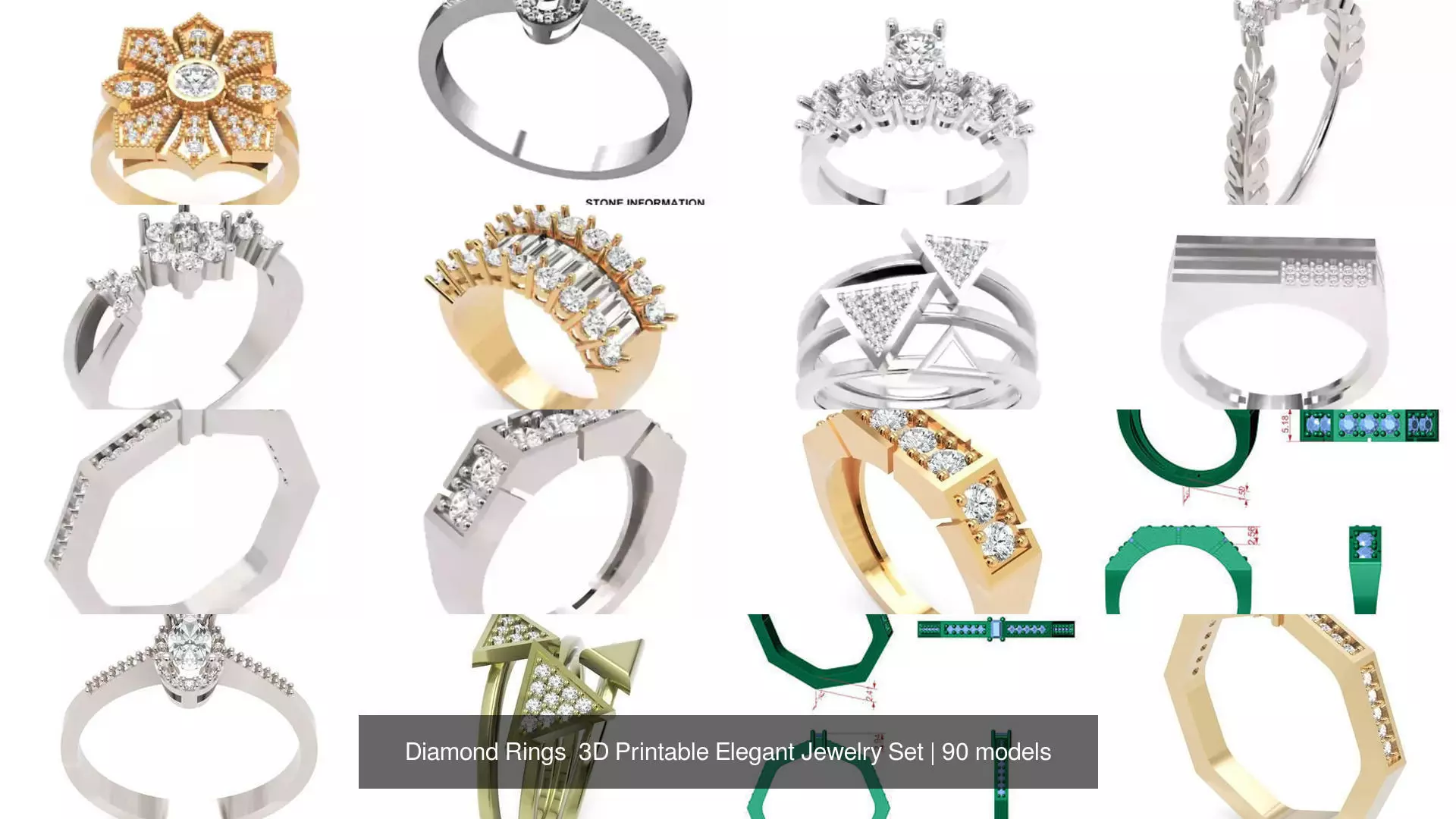 Diamond Rings 3D Printable Elegant Jewelry Set 3D Model Collection_280