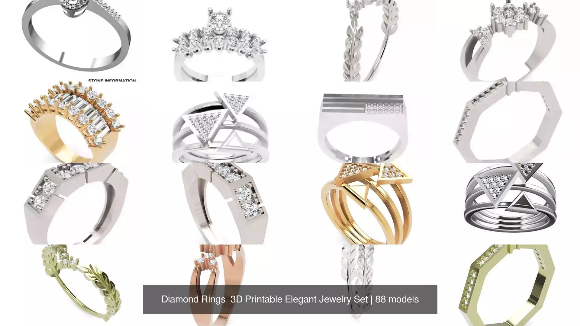 Diamond Rings 3D Printable Elegant Jewelry Set 3D Model Collection_281