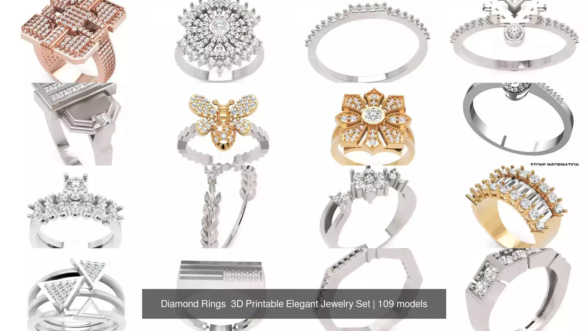 Diamond Rings 3D Printable Elegant Jewelry Set 3D Model Collection_308