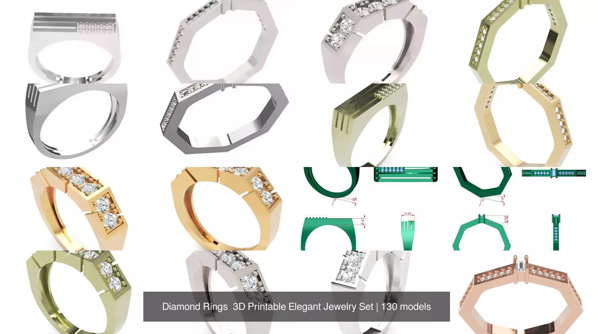 Diamond Rings 3D Printable Elegant Jewelry Set 3D Model Collection_346