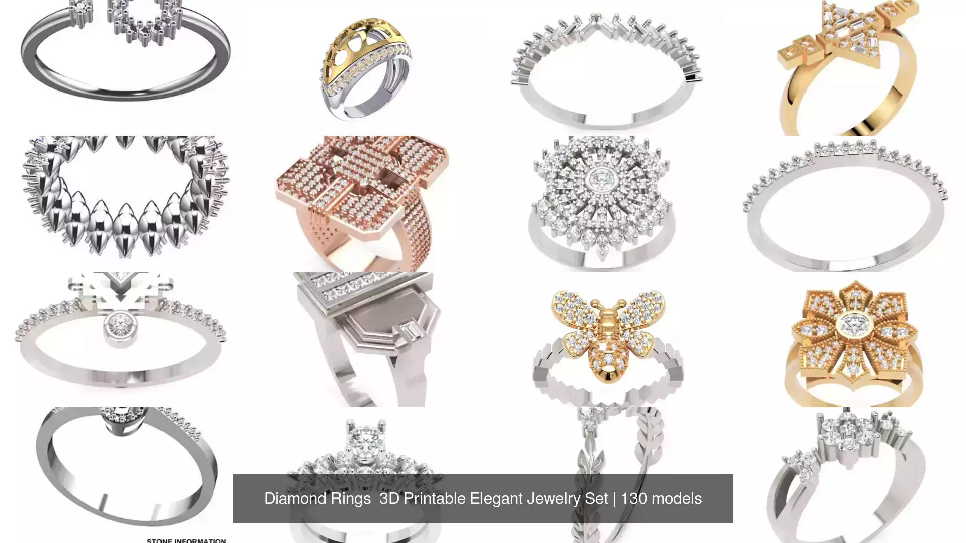 Diamond Rings 3D Printable Elegant Jewelry Set 3D Model Collection_324