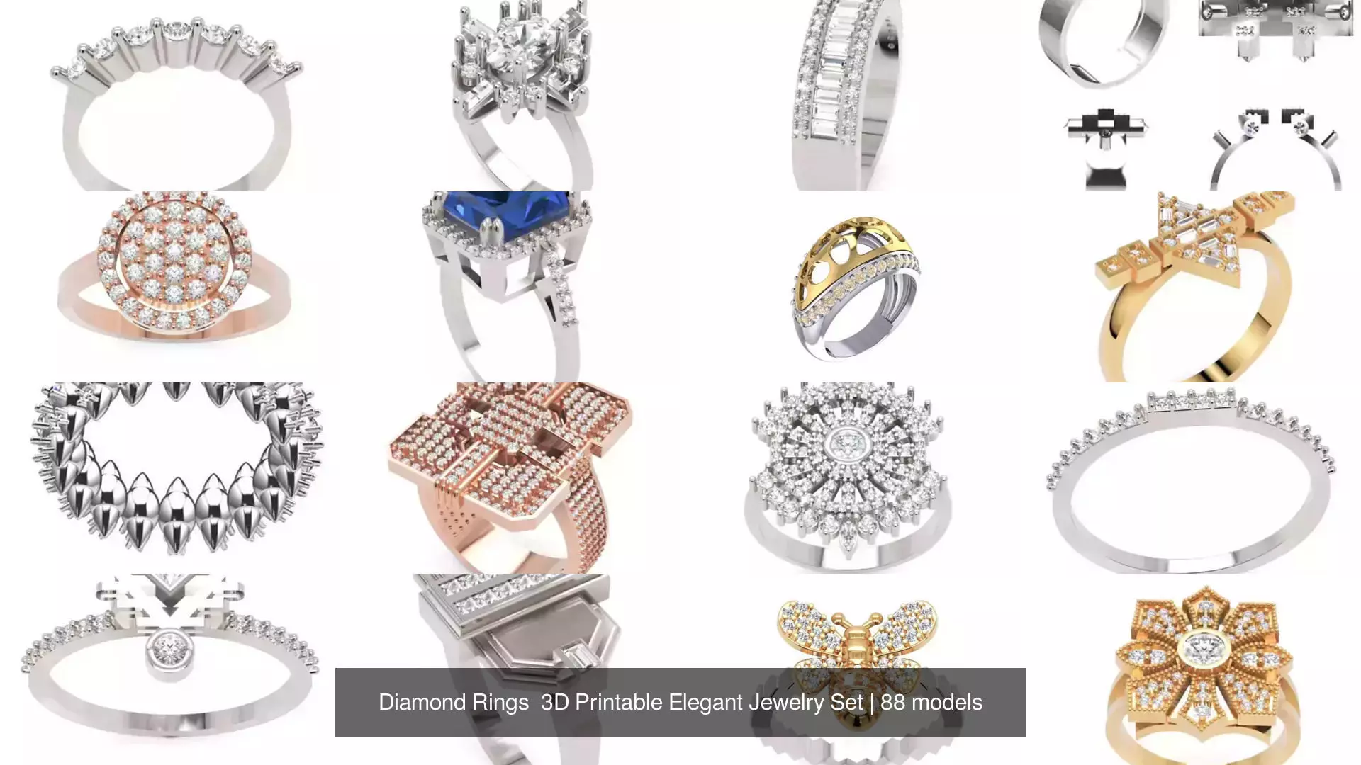 Diamond Rings 3D Printable Elegant Jewelry Set 3D Model Collection_232
