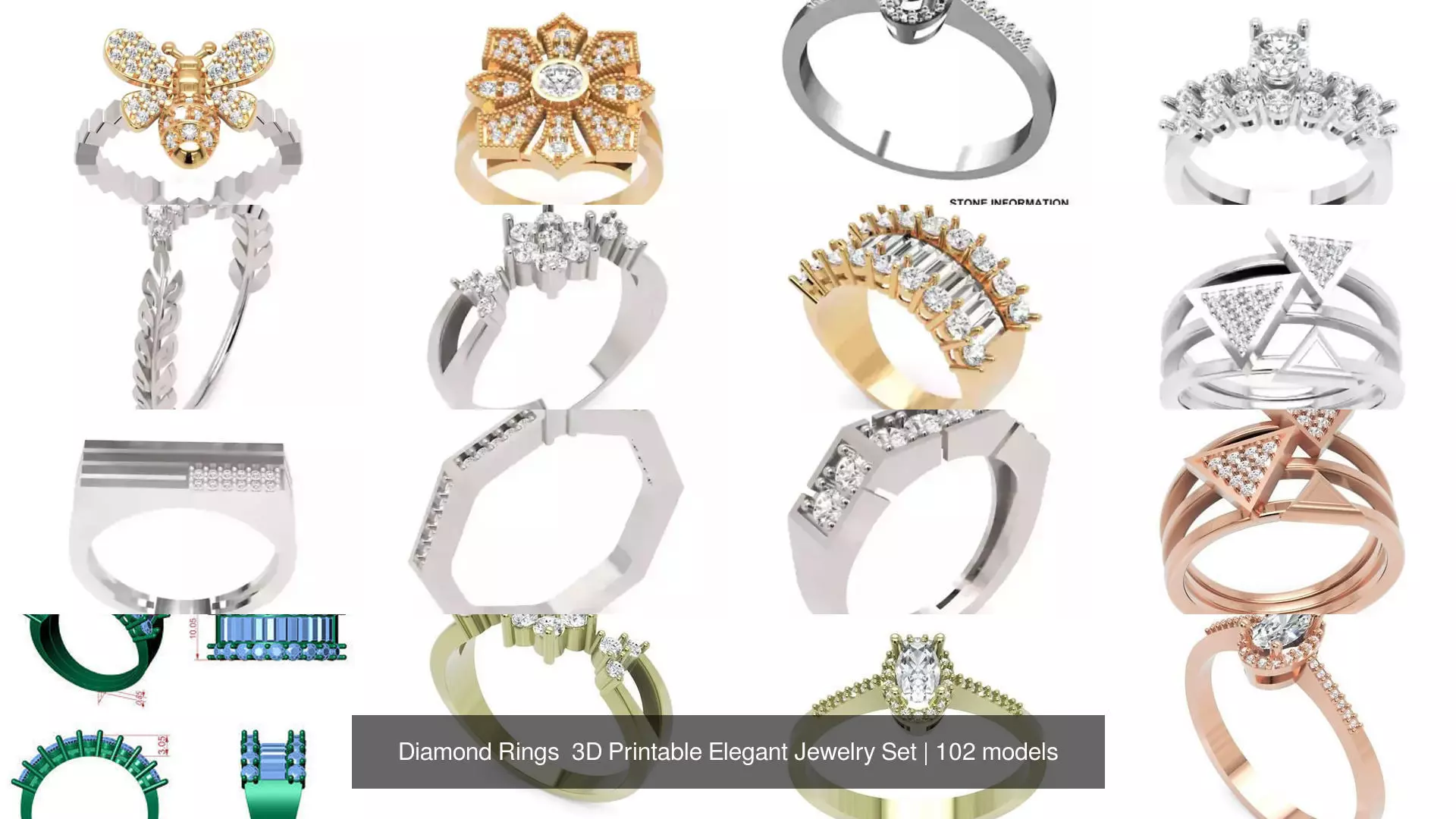 Diamond Rings 3D Printable Elegant Jewelry Set 3D Model Collection_315