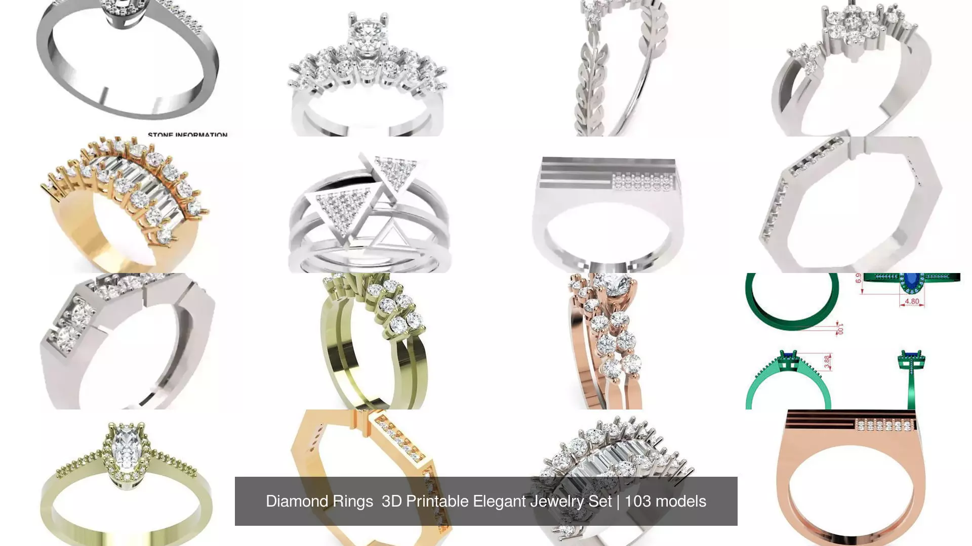 Diamond Rings 3D Printable Elegant Jewelry Set 3D Model Collection_314
