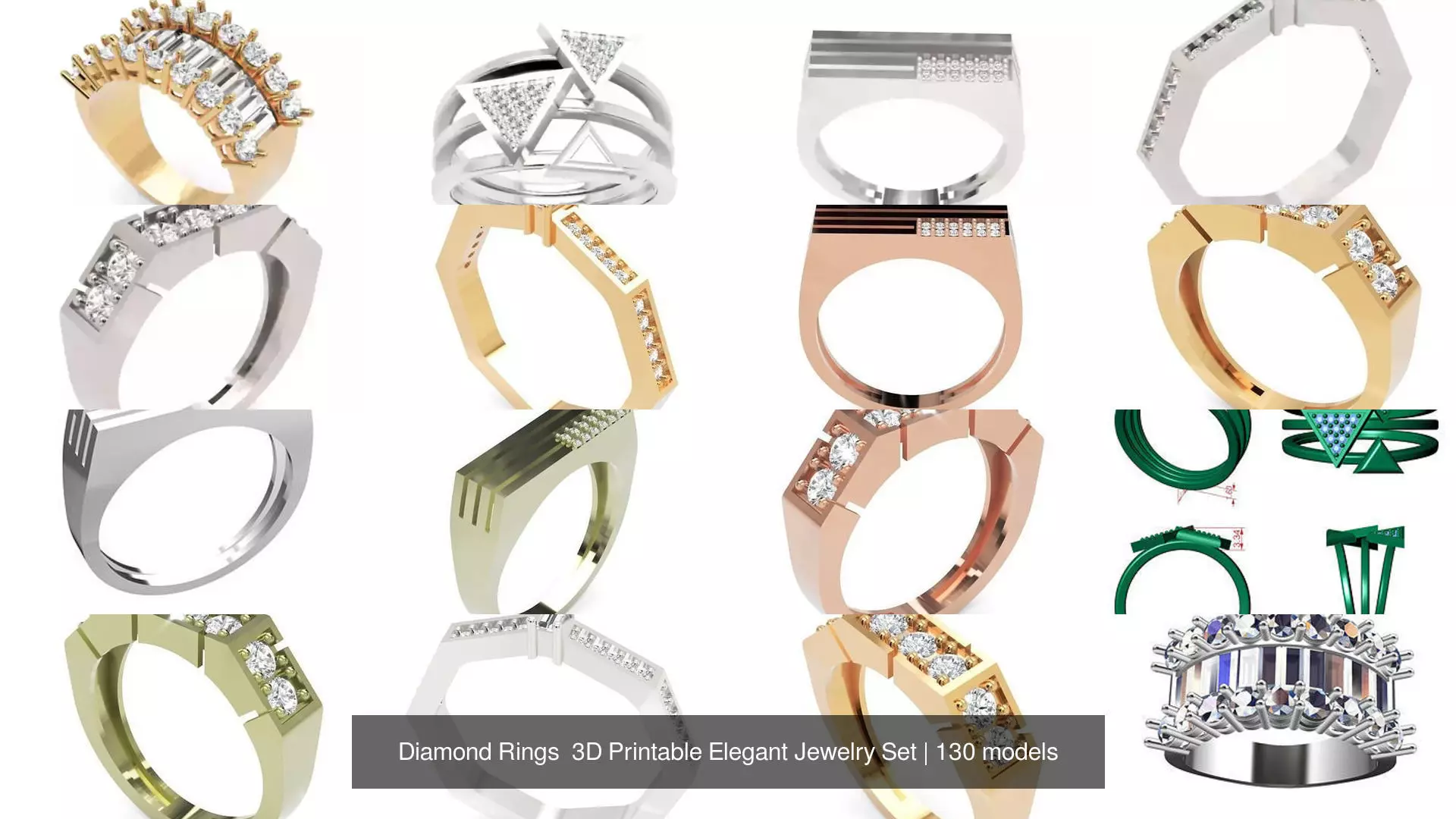 Diamond Rings 3D Printable Elegant Jewelry Set 3D Model Collection_345