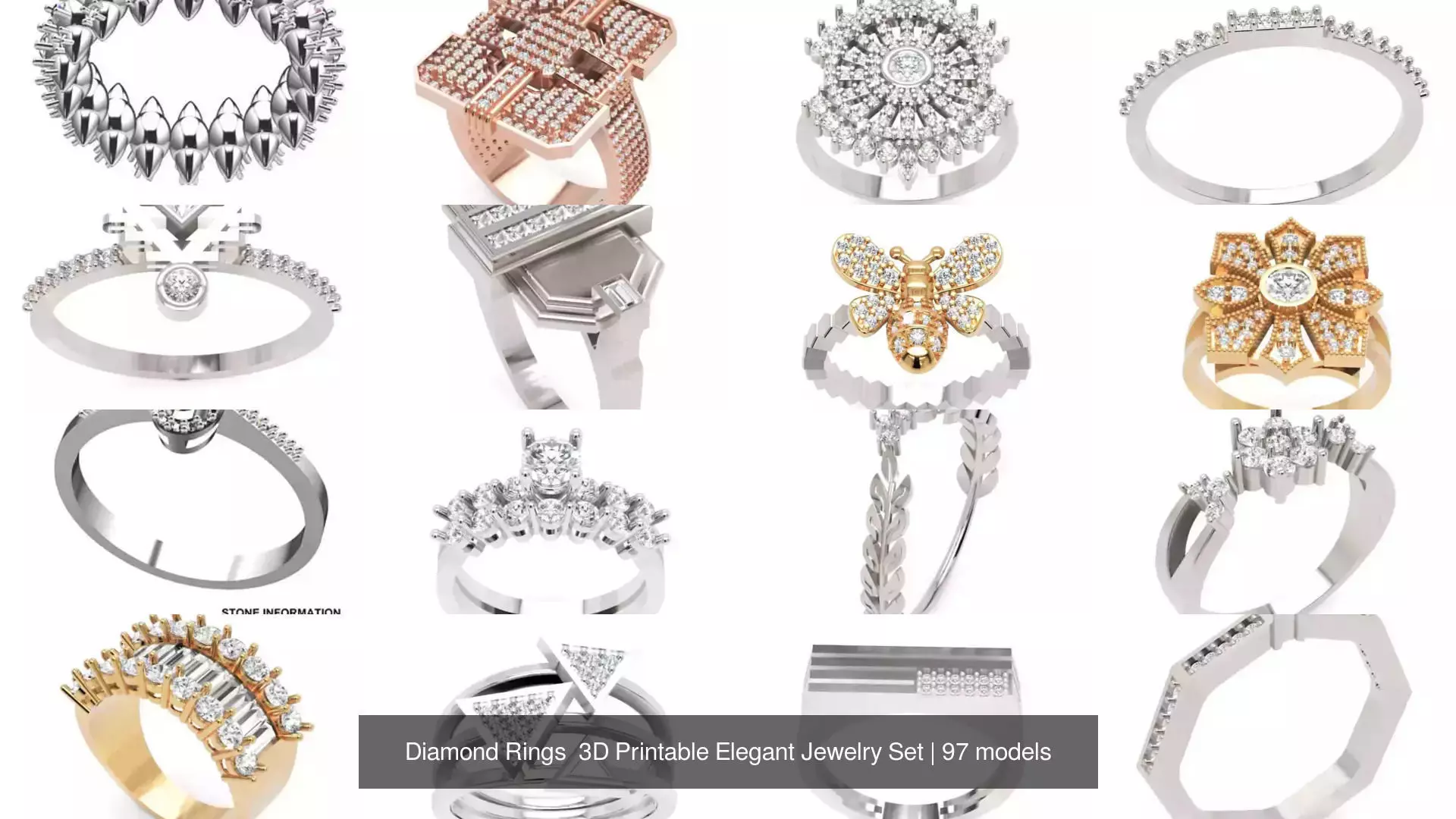 Diamond Rings 3D Printable Elegant Jewelry Set 3D Model Collection_273