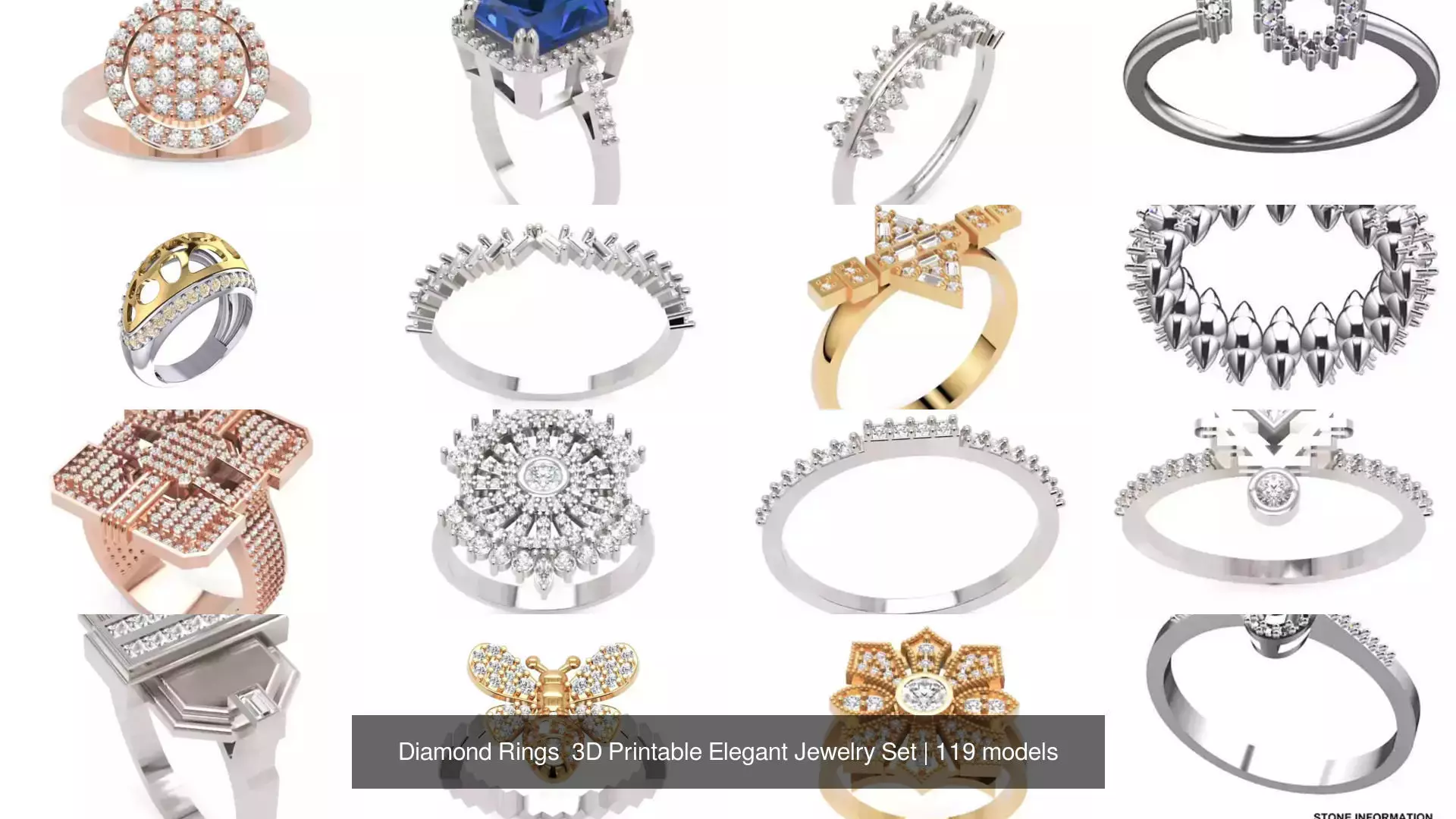 Diamond Rings 3D Printable Elegant Jewelry Set 3D Model Collection_300