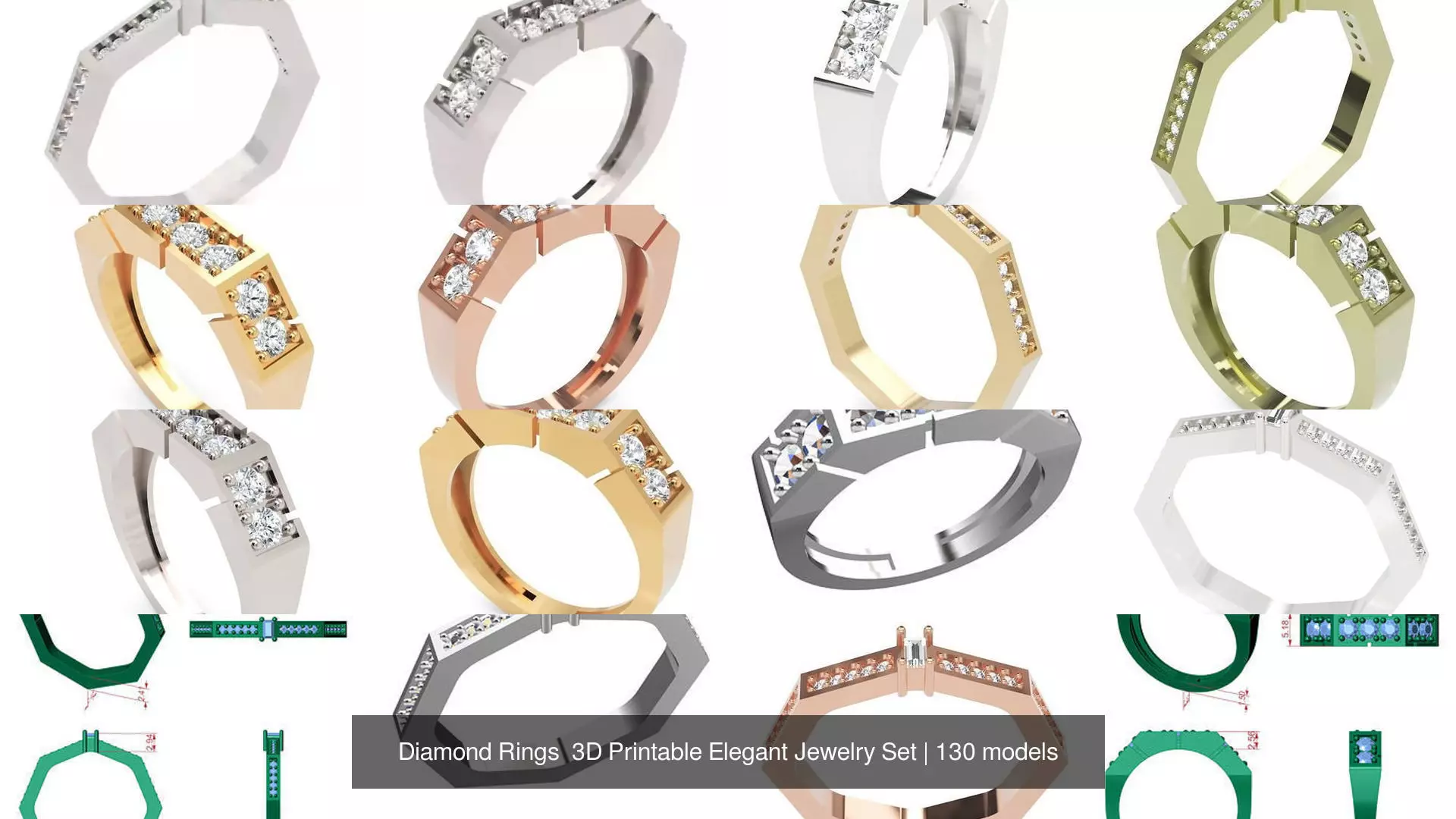 Diamond Rings 3D Printable Elegant Jewelry Set 3D Model Collection_348