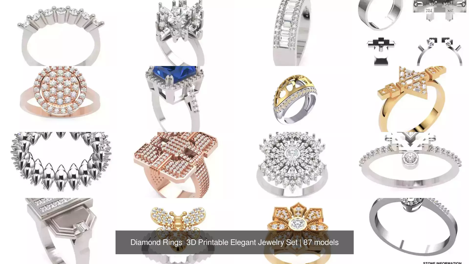 Diamond Rings 3D Printable Elegant Jewelry Set 3D Model Collection_233