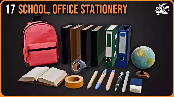 School and Office Stationery Collection Set of 17 3D model