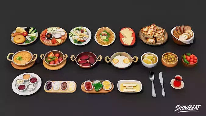 Turkish Breakfast Pack Low-poly 3D model 3