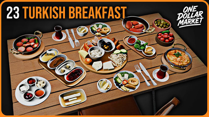 Traditional Turkish Breakfast Set of 23 Low-poly 3D model