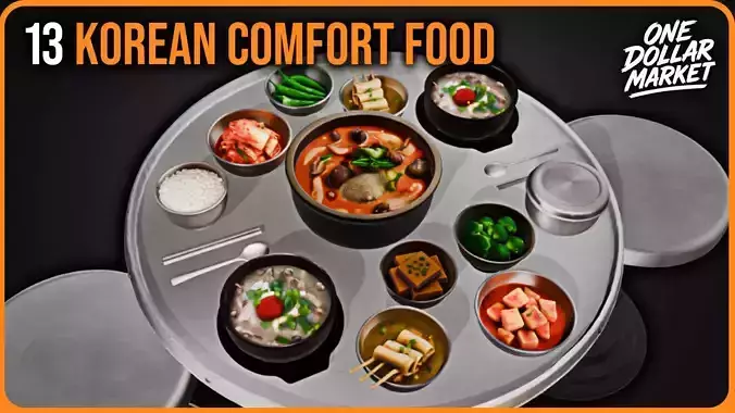 Korean Comfort Food and Tableware Set of 13 Low-poly 3D model
