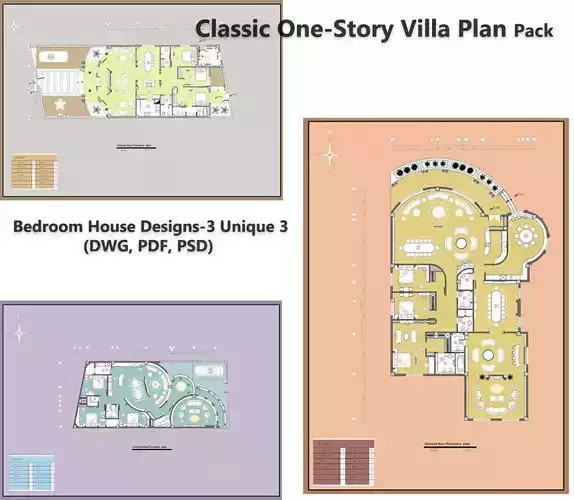 Classic One-Story Villa Plan Pack  3 Unique