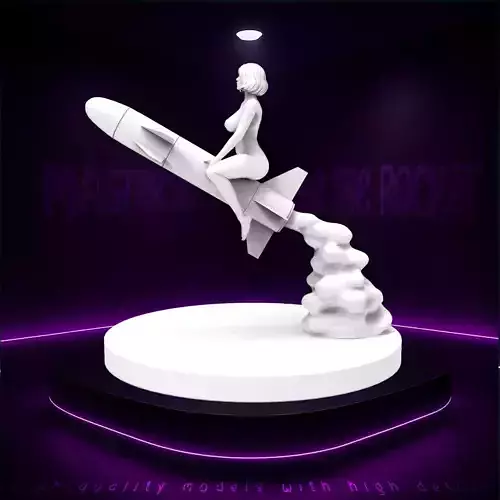 A girl riding a rocket flying into space