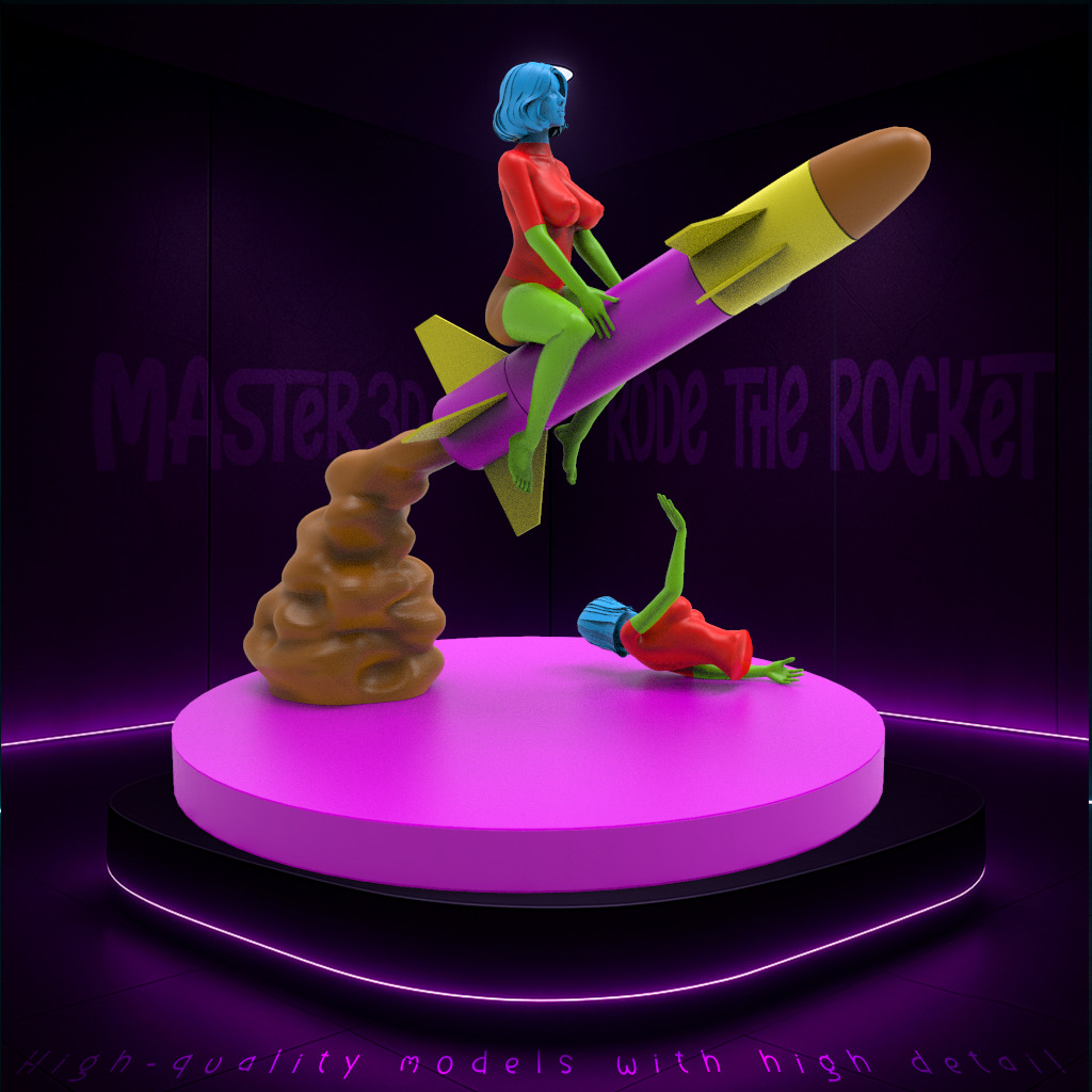A girl riding a rocket flying into space 3D print model_10