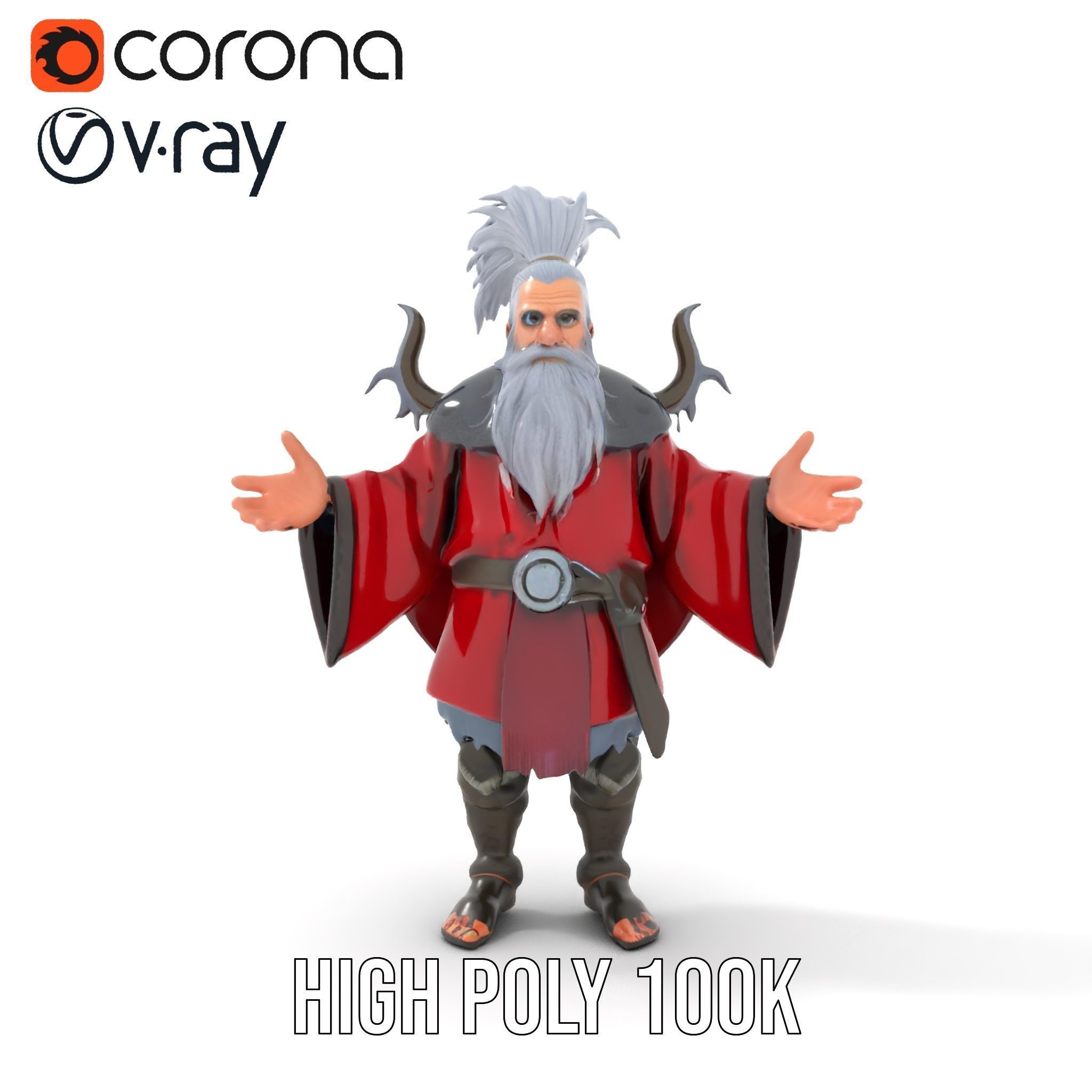 Elderly Warrior Viking Character with Antlered Cloak Rigged a... Low-poly 3D model_28