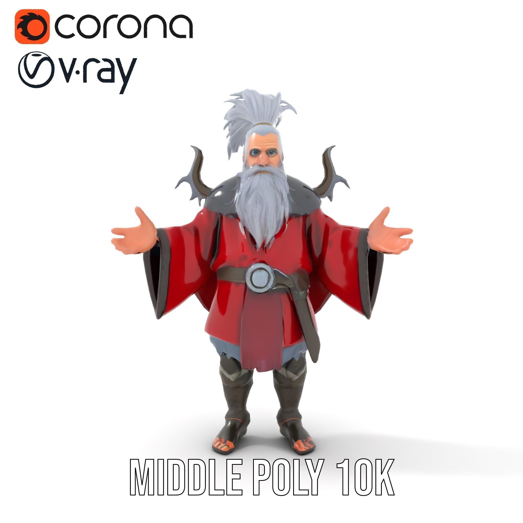 Elderly Warrior Viking Character with Antlered Cloak Rigged a... Low-poly 3D model_21