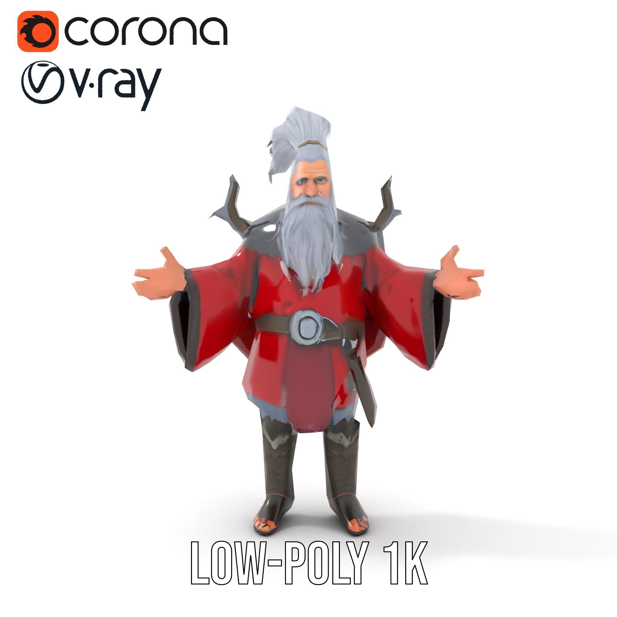 Elderly Warrior Viking Character with Antlered Cloak Rigged a... Low-poly 3D model_30