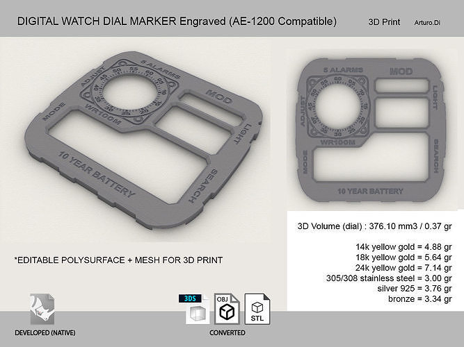 Digital watch dial marker engraved AE 1200 compatible  3D print model