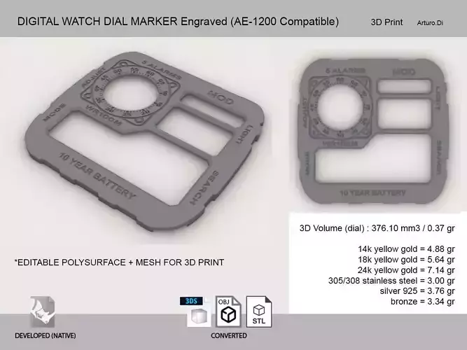 Digital watch dial marker engraved AE 1200 compatible  3D print model