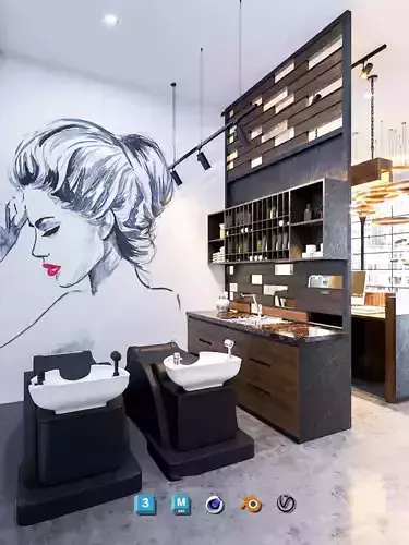 Complete Barber Shop Shampoo Room - High-Detail Collection