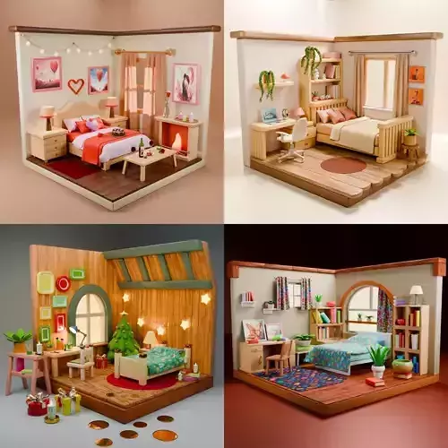 4 Isometric Bedrooms  Low Poly Interior Collection