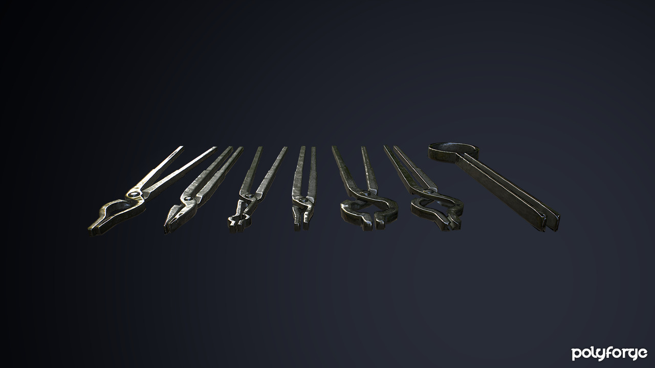 Medieval Metal Blacksmith Tongs and Grippers Low-poly 3D model_2