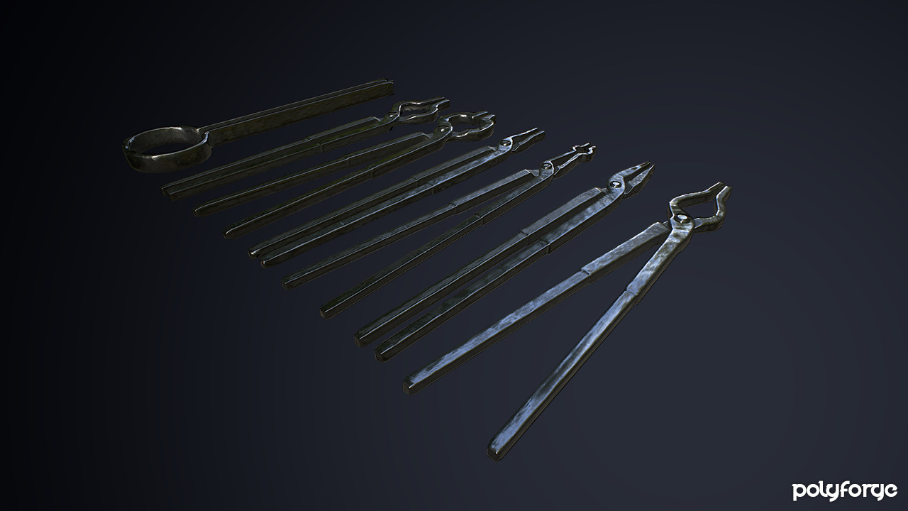 Medieval Metal Blacksmith Tongs and Grippers Low-poly 3D model_5