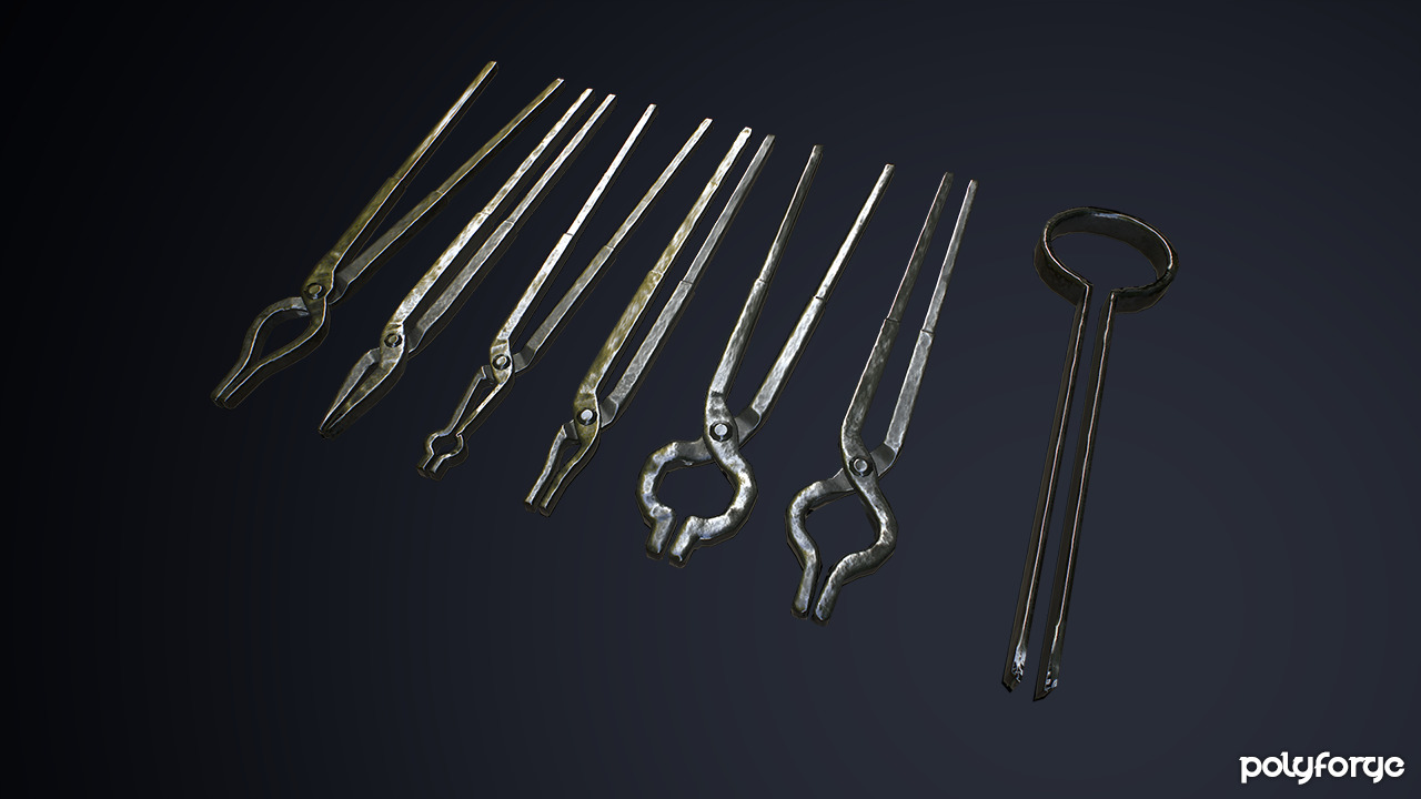 Medieval Metal Blacksmith Tongs and Grippers Low-poly 3D model_3