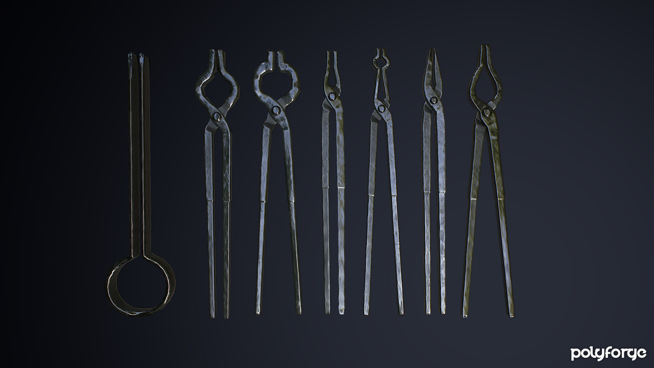 Medieval Metal Blacksmith Tongs and Grippers Low-poly 3D model_1