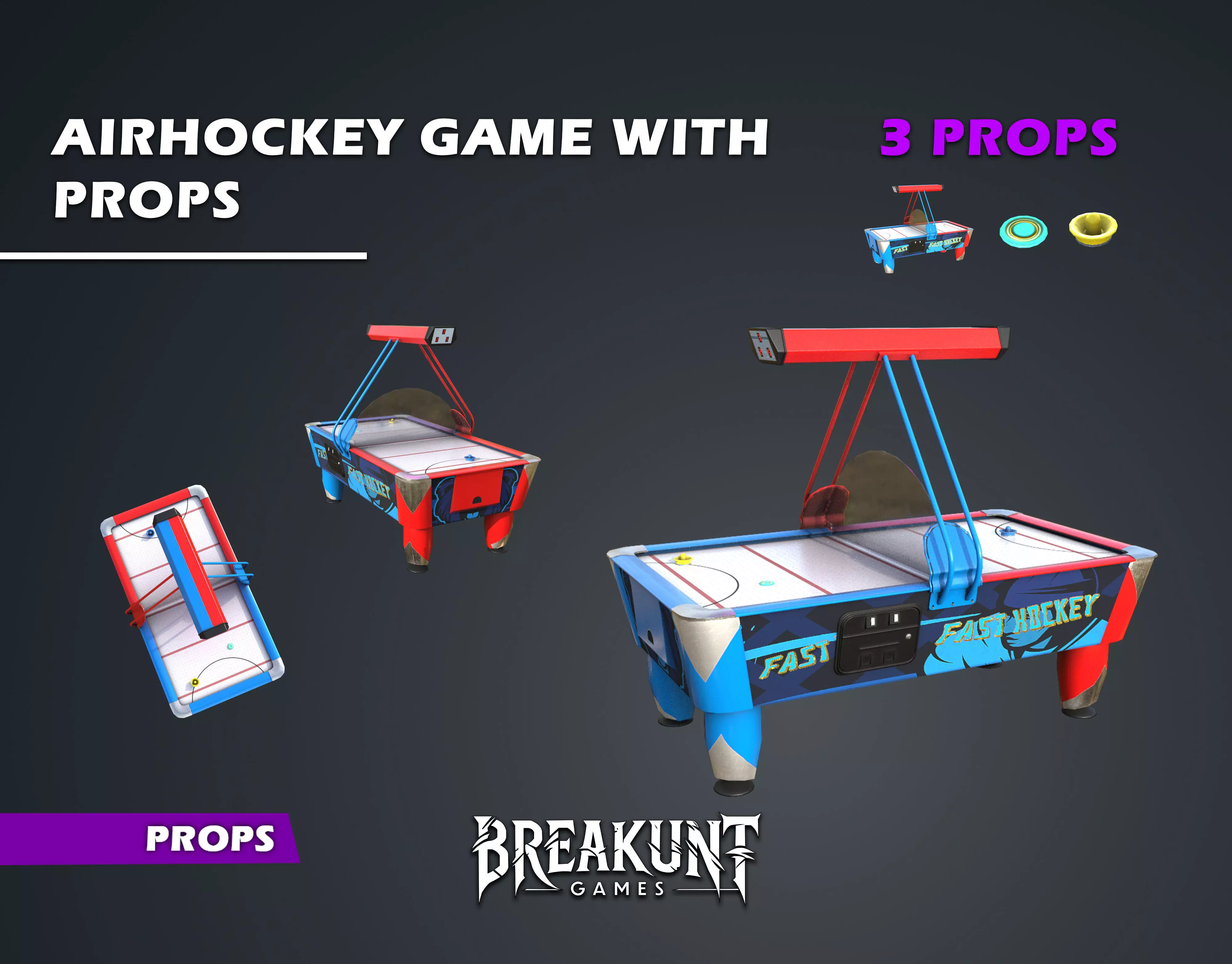 Airhockey Game with props - 3d Model - 3 assets Low-poly 3D model_0