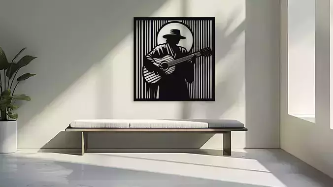 Silhouette of Guitar Player in Cowboy Hat Wall Decor