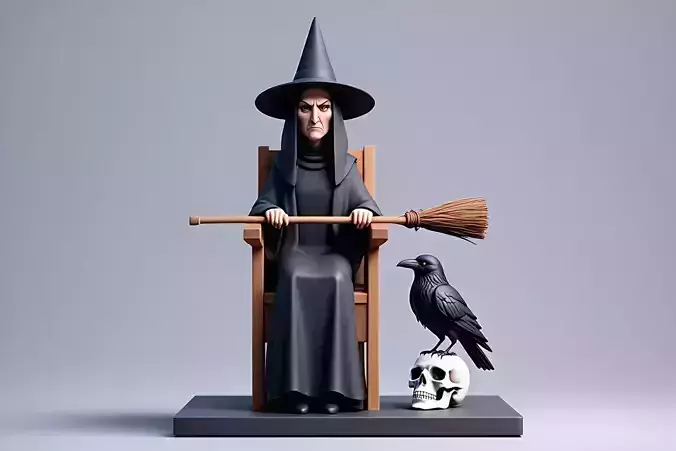 1507  Elegant Witch with Broom Raven Skull  Colorful