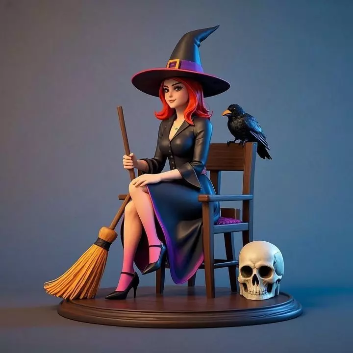 1508Elegant Witch with Broom Raven and Skull Colorful 3D print model_0