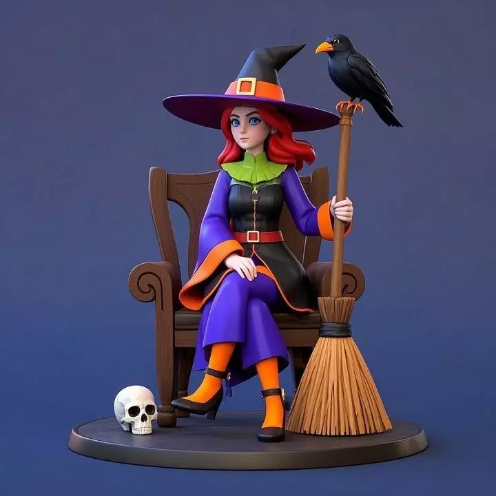1509Elegant Witch with Broom Raven and Skull Colorful 3D print model_0