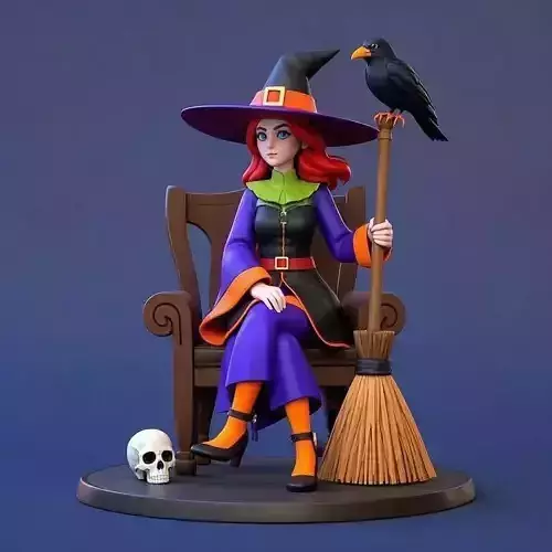 1509Elegant Witch with Broom Raven and  Skull Colorful