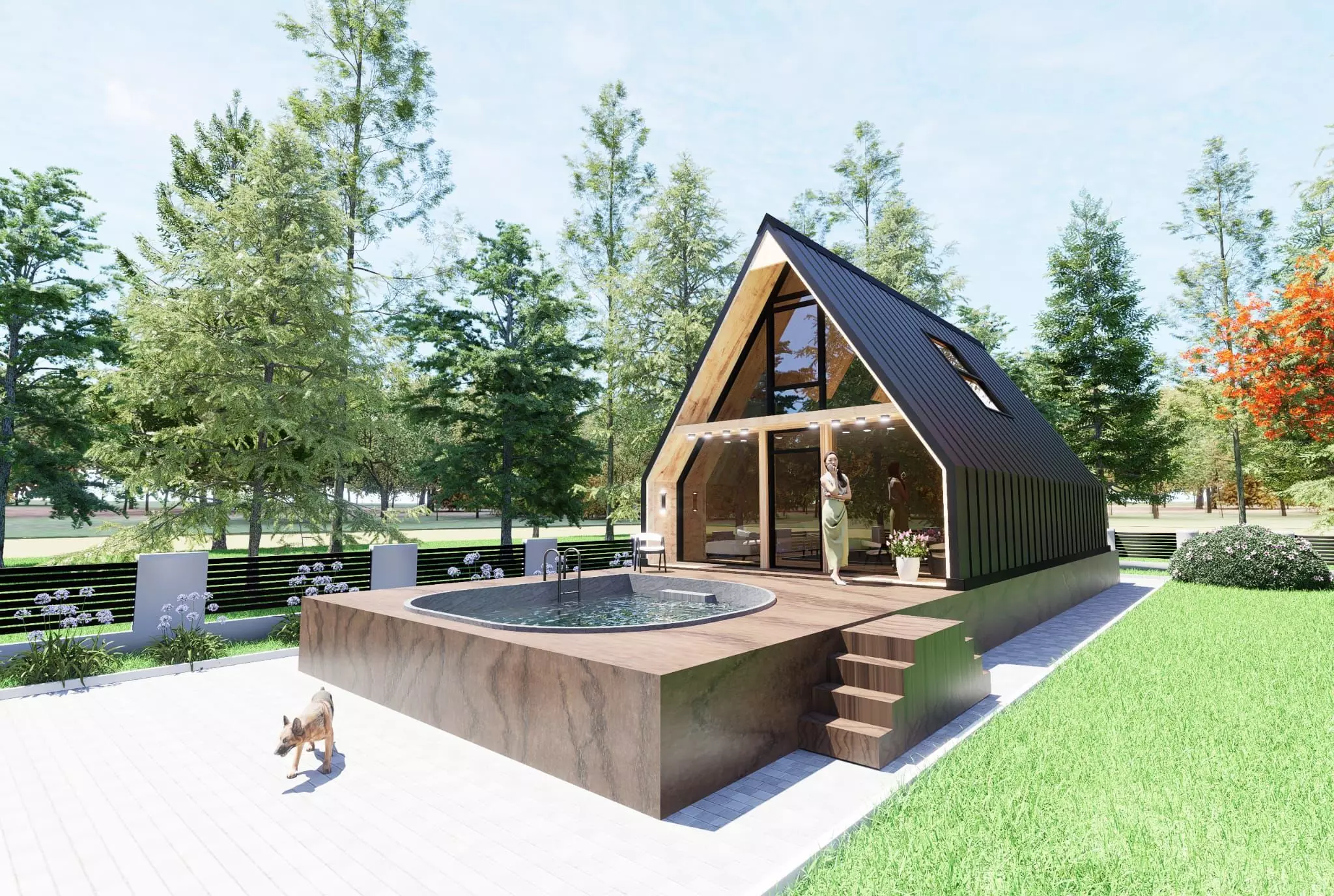 Suburban modern house wood and pool 3D model_0