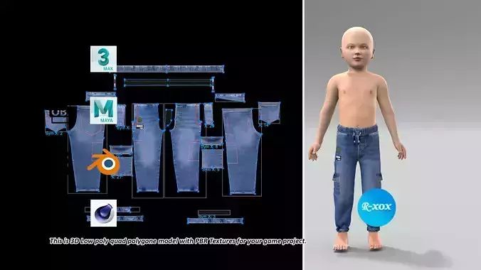 Kids Denim Jeans Pant Low-poly PBR game AR VR