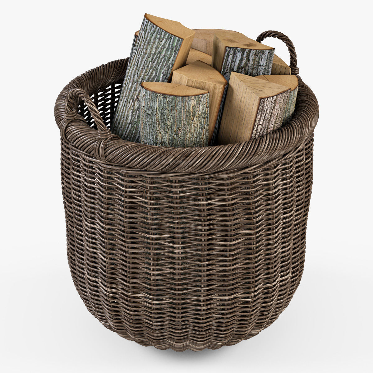 Wicker Basket 7 Walnut Brown Color with Firewood 3D model_8