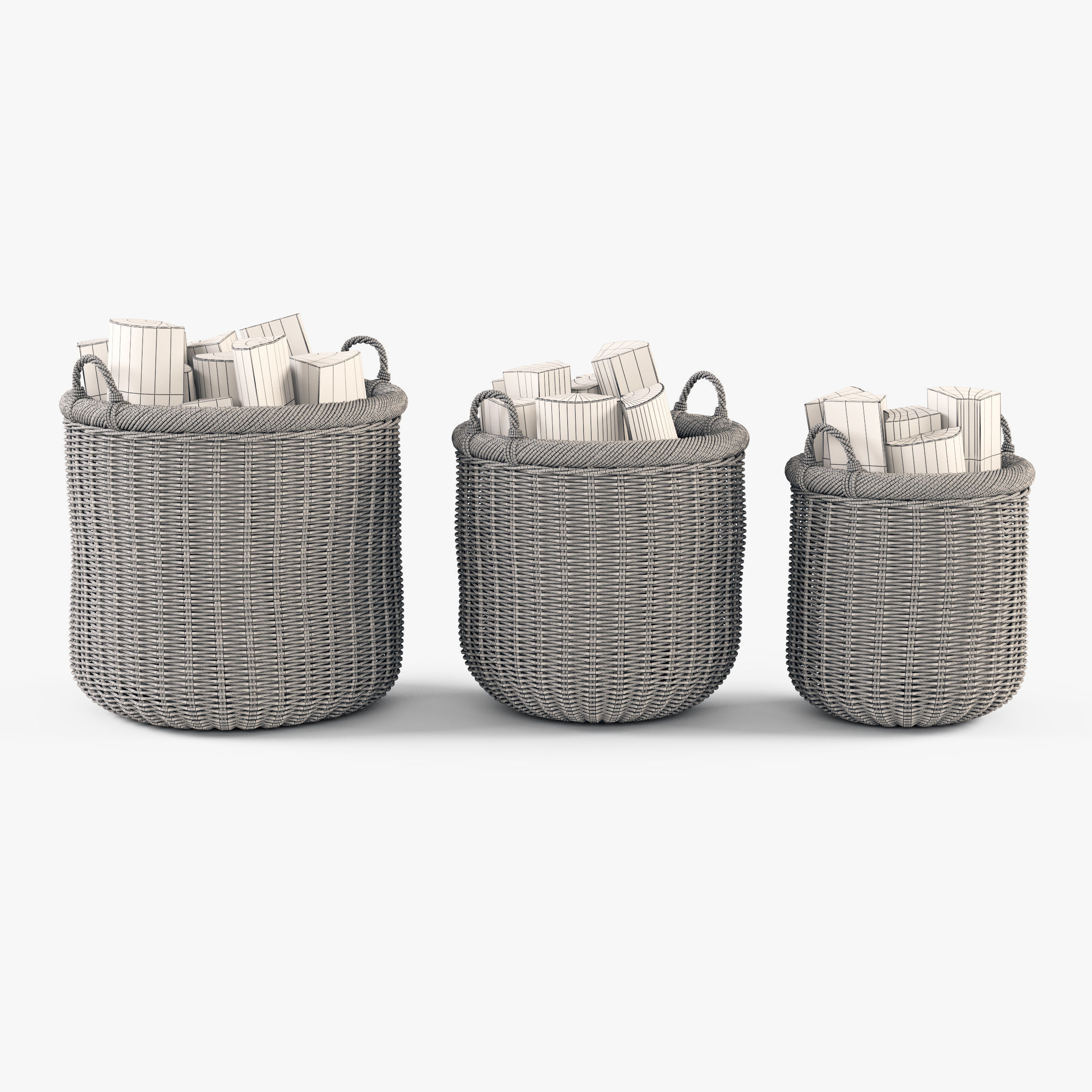 Wicker Basket 7 Walnut Brown Color with Firewood 3D model_16