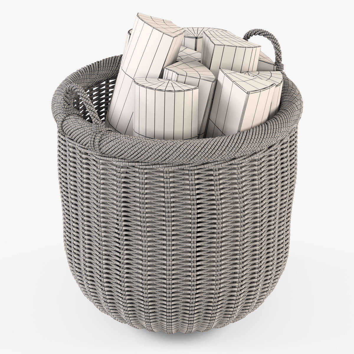 Wicker Basket 7 Walnut Brown Color with Firewood 3D model_17