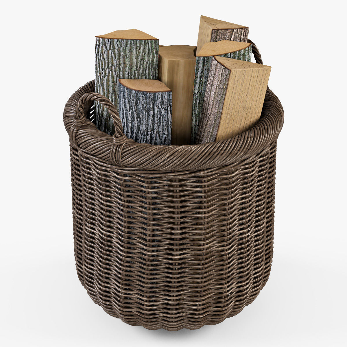 Wicker Basket 7 Walnut Brown Color with Firewood 3D model_9