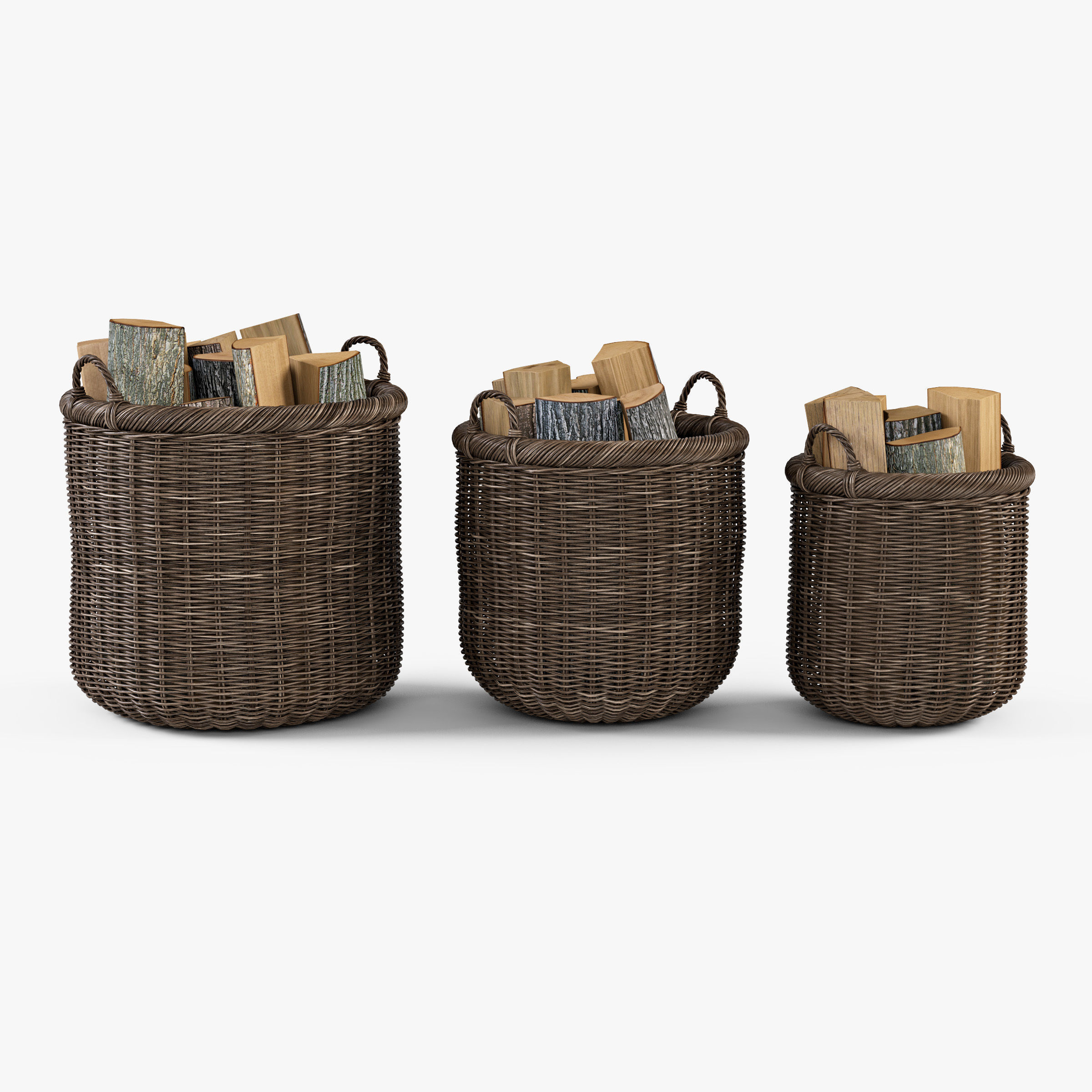 Wicker Basket 7 Walnut Brown Color with Firewood 3D model_5