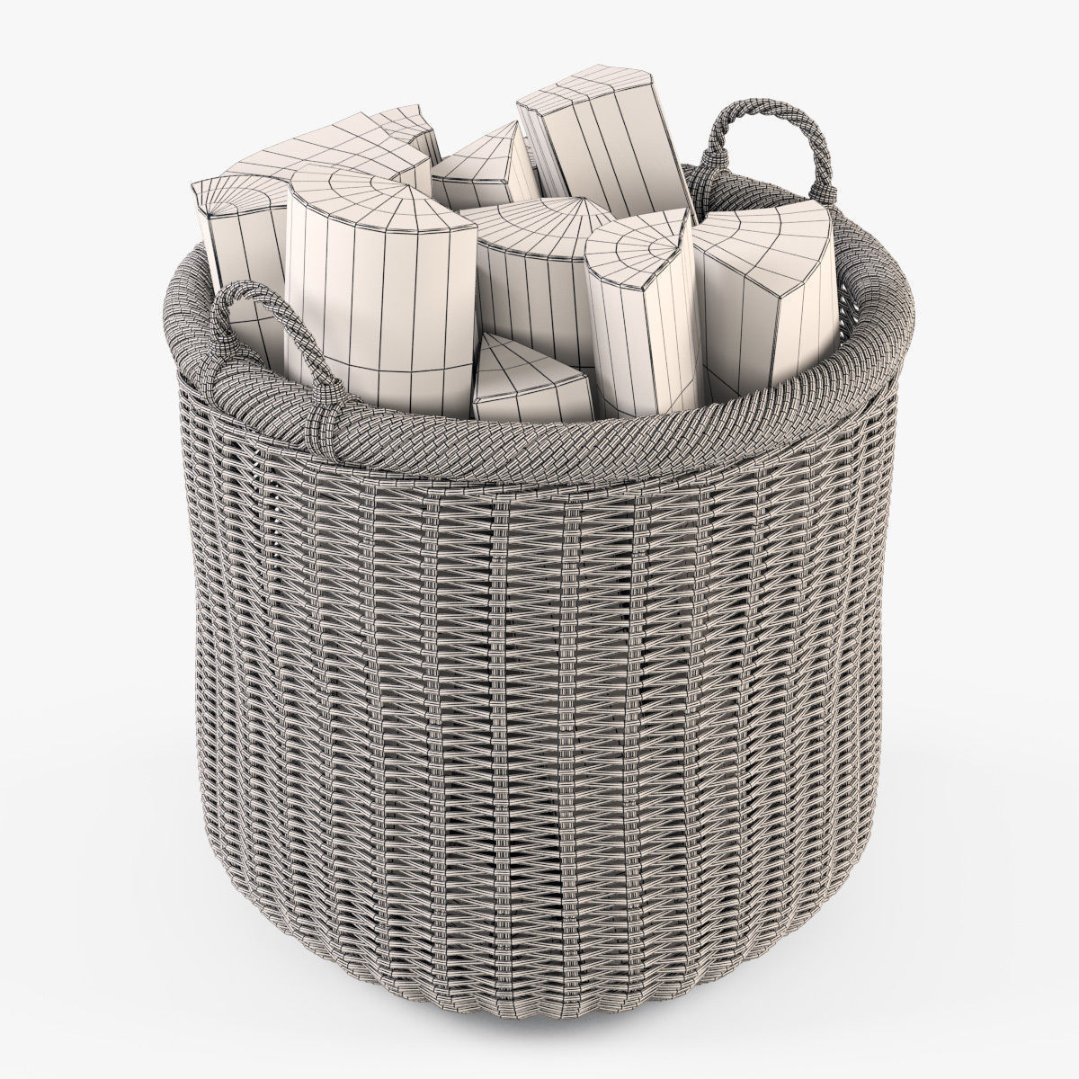 Wicker Basket 7 Walnut Brown Color with Firewood 3D model_19