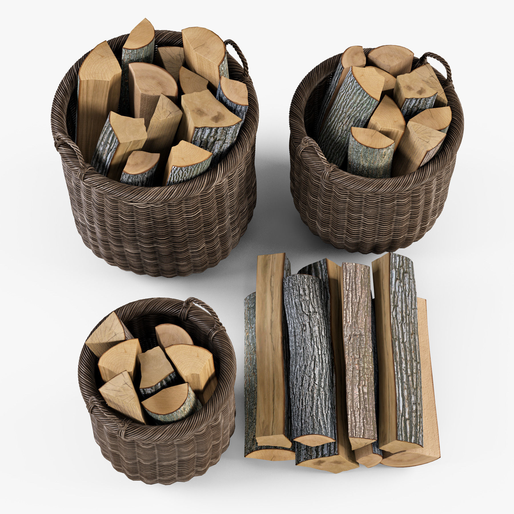 Wicker Basket 7 Walnut Brown Color with Firewood 3D model_3